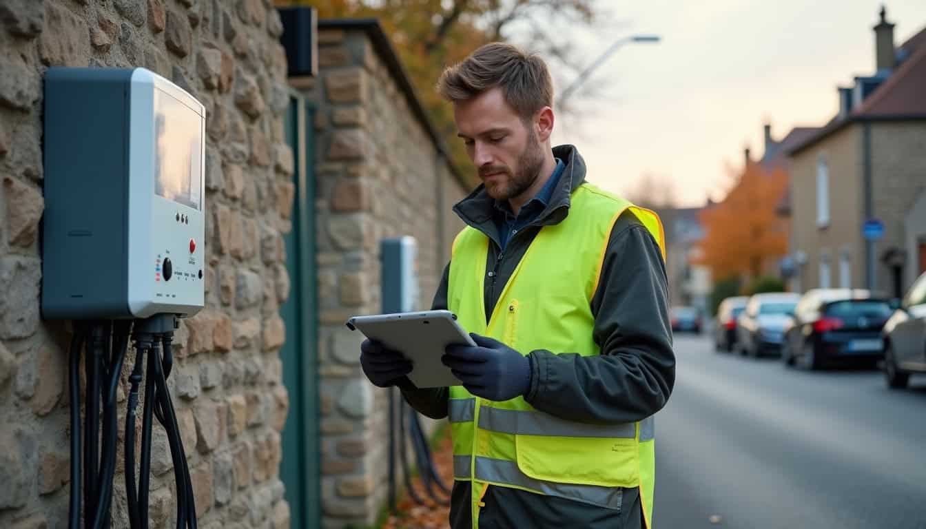 Électricien certifié IRVE vérifiant une borne de recharge à Dommartin-lès-Toul