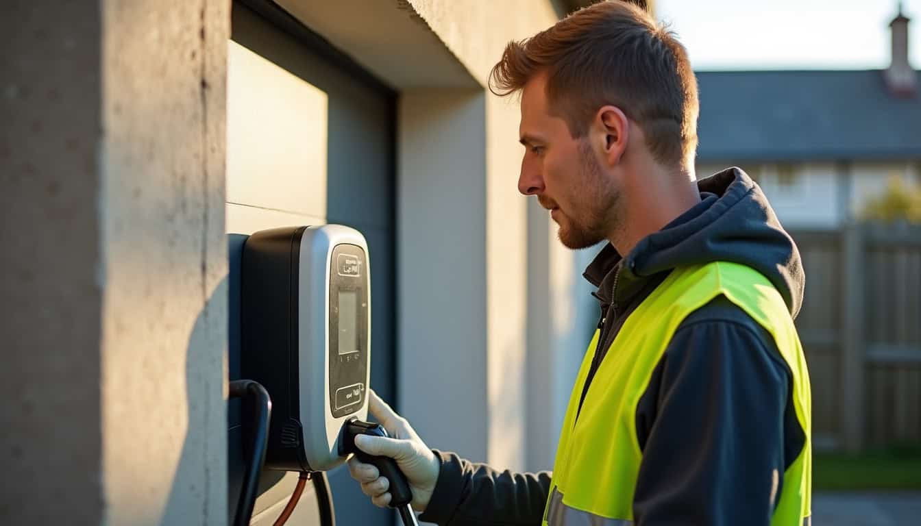 Électricien de CP ELEC en intervention pour l'installation d'une borne de recharge à Colombier-Fontaine