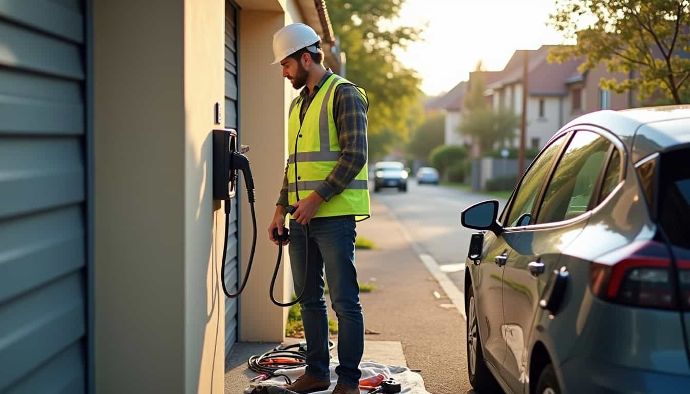 Électricien effectuant l'installation d'une borne de recharge pour véhicule électrique à Saint-Chaptes