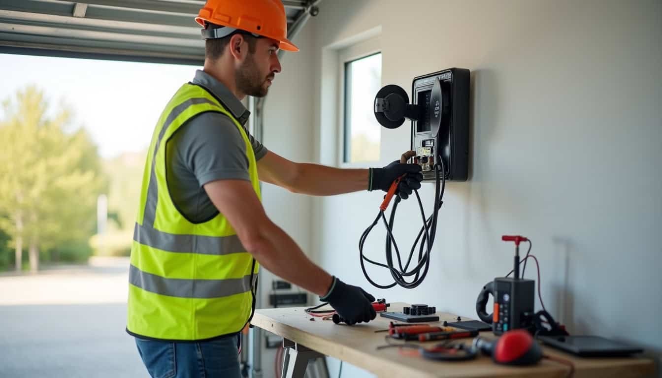 Électricien en intervention à Macornay lors de l'installation d'une borne de recharge