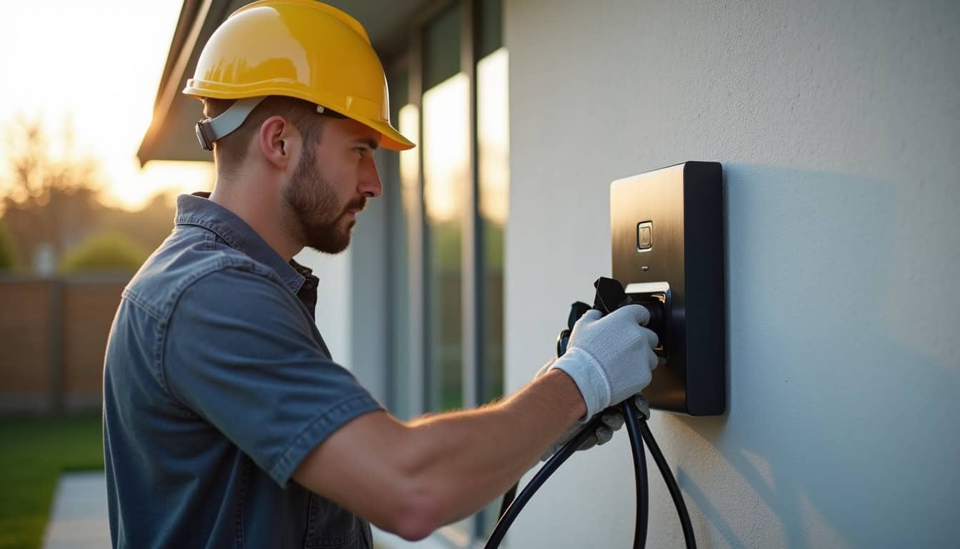 Électricien en intervention pour l'installation d'une borne de recharge électrique à domicile