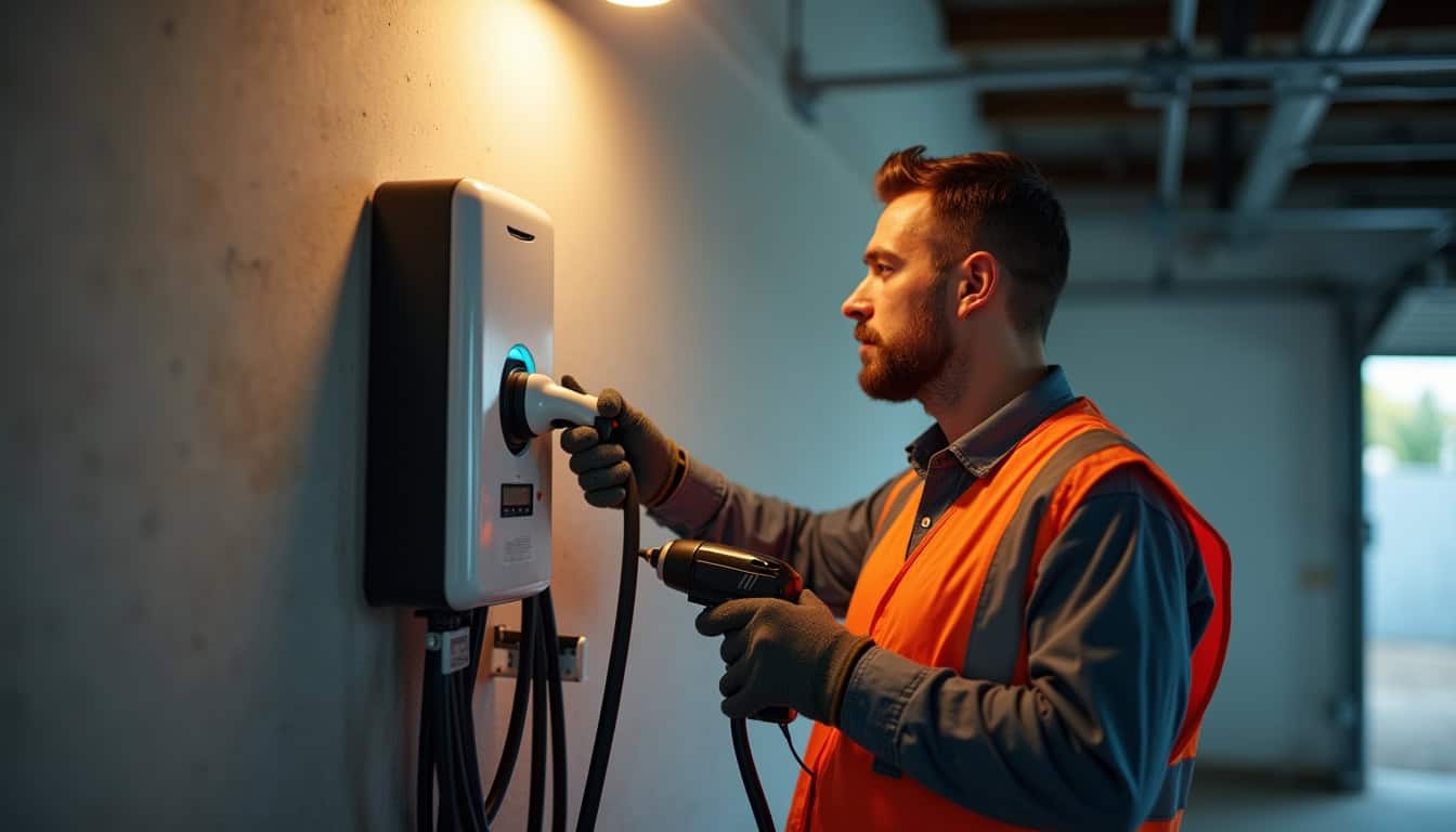 Électricien en tenue de travail installant une borne de recharge dans un garage