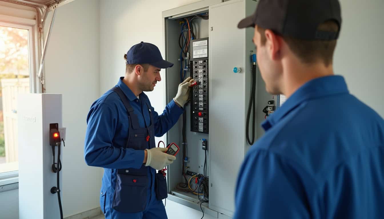 Électricien en train d'analyser un tableau électrique pour l'installation d'une borne