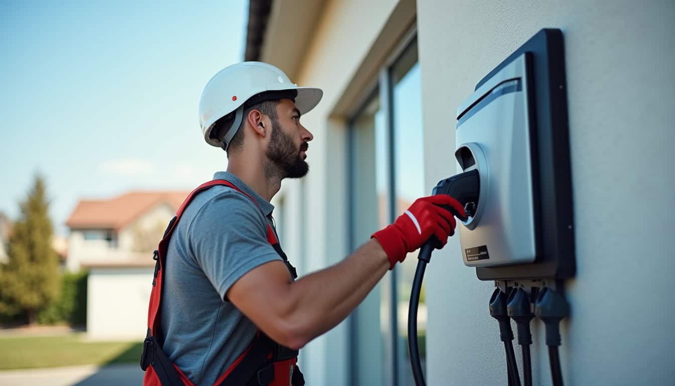 Électricien en train de fixer une borne de recharge sur un mur extérieur à Rumilly, avec son matériel de sécurité