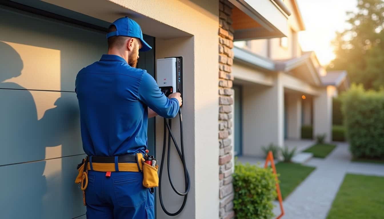 Électricien en train de poser une borne de recharge à Thise