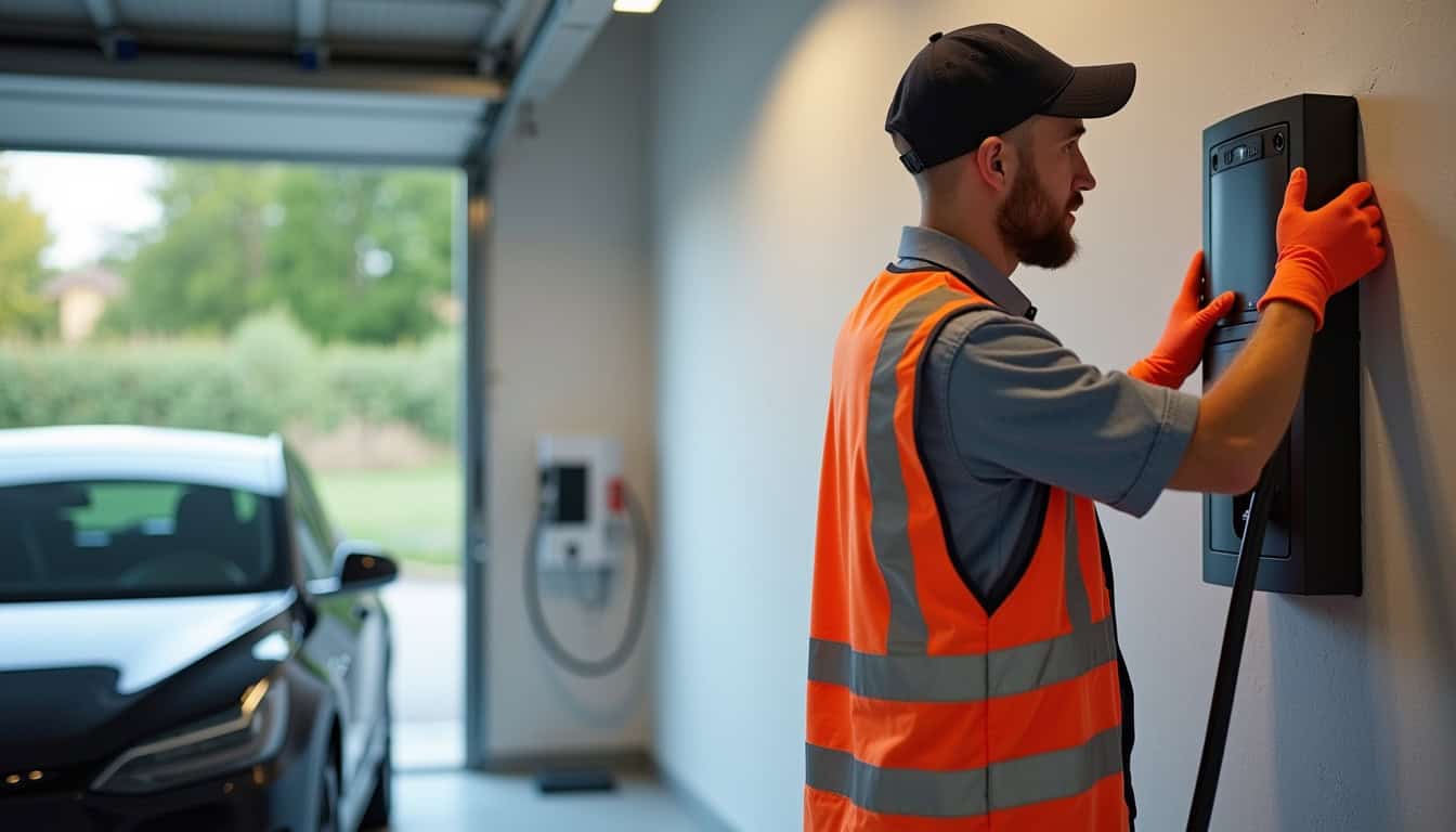 Électricien en train de poser une borne de recharge électrique dans un garage à Vic-sur-Cère