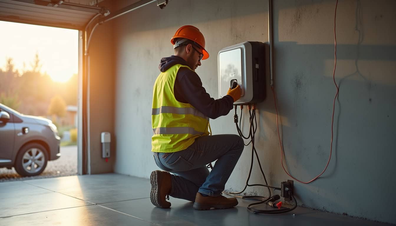 Électricien en train de poser une borne de recharge murale à Uriménil
