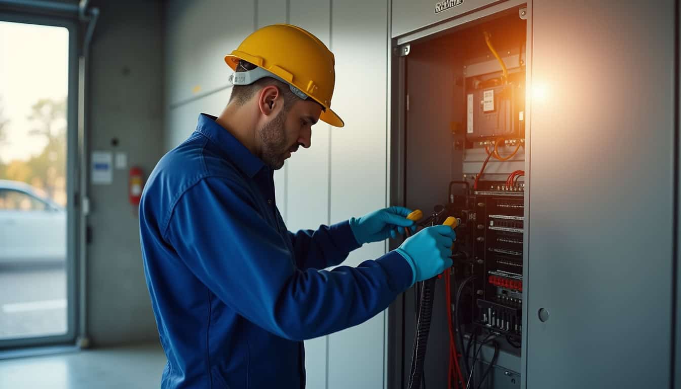Électricien en train de raccorder une borne de recharge au tableau électrique d