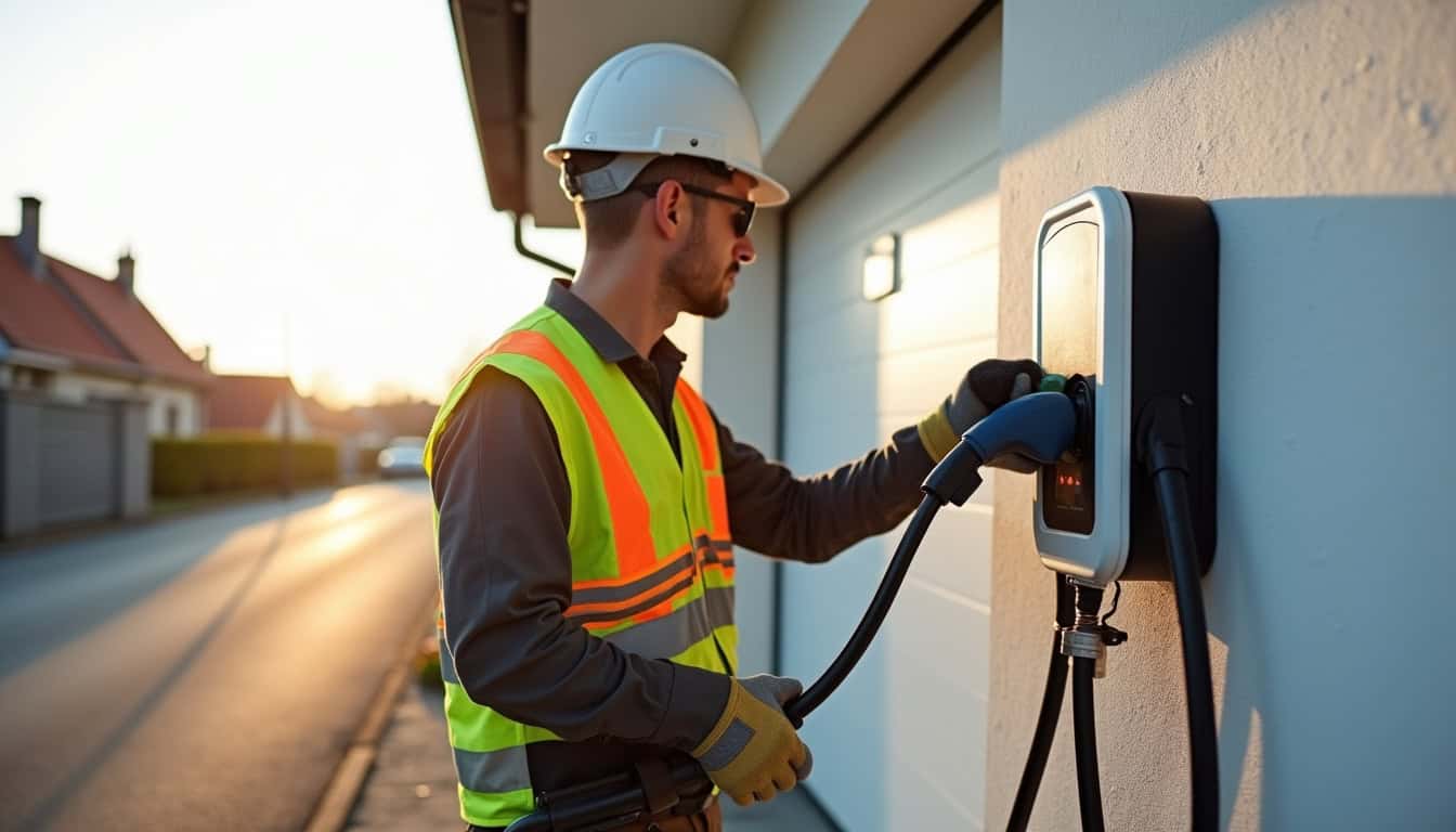 Électricien en train de raccorder une borne de recharge électrique à Hornoy-le-Bourg