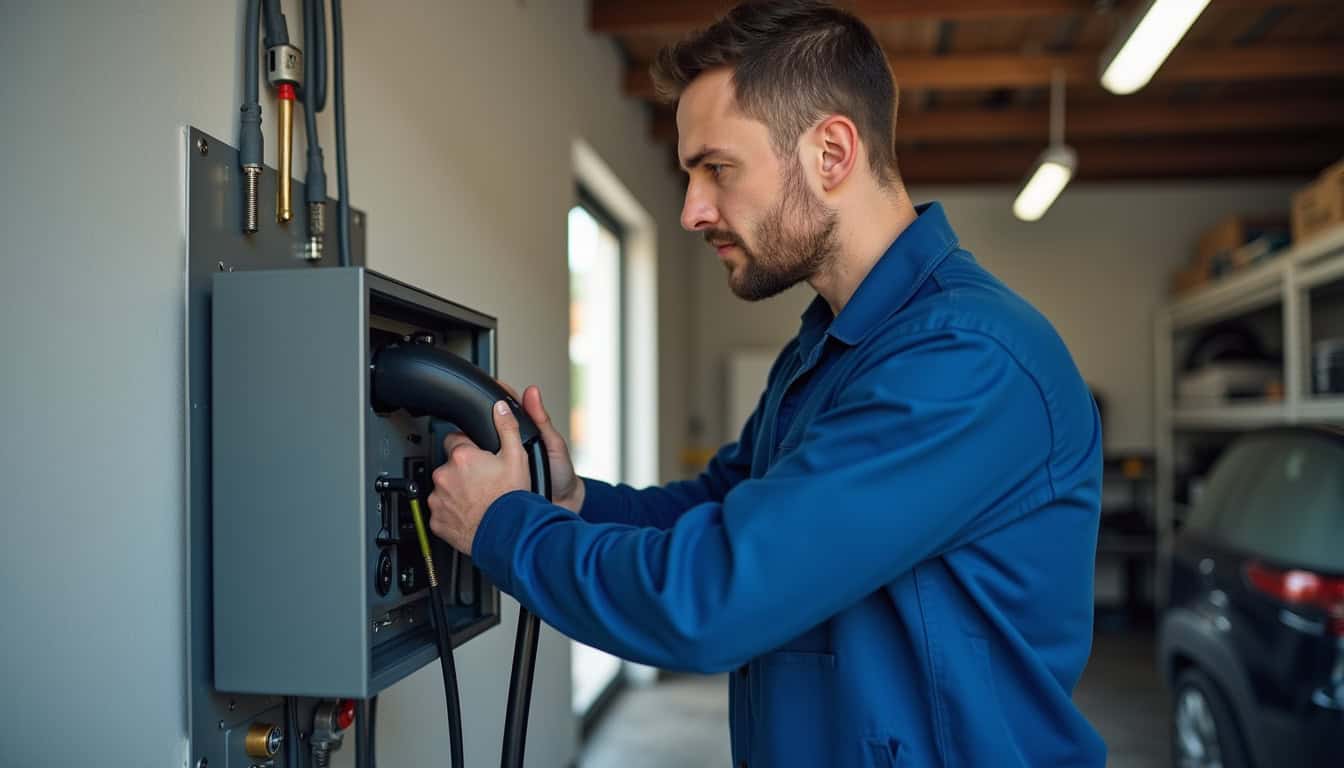 Électricien en train de raccorder une borne de recharge électrique à un tableau électrique dans un garage