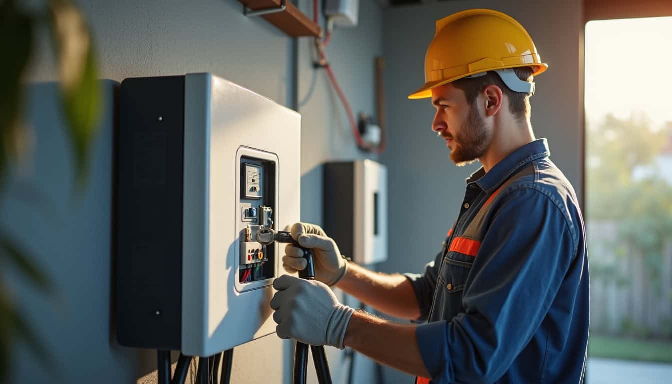 Électricien en train de raccorder une borne de recharge électrique au tableau électrique d'une maison