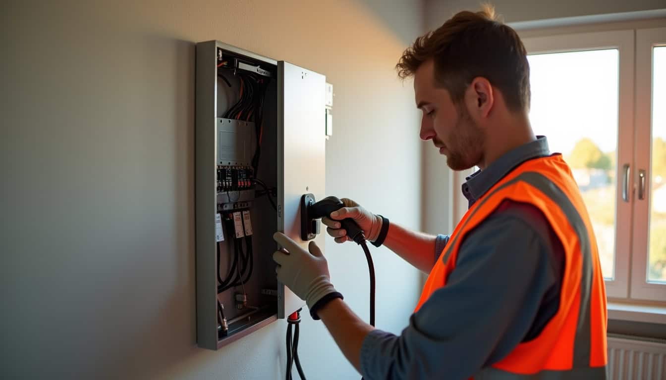 Électricien en train de raccorder une borne électrique au tableau électrique dans une habitation à Saubrigues