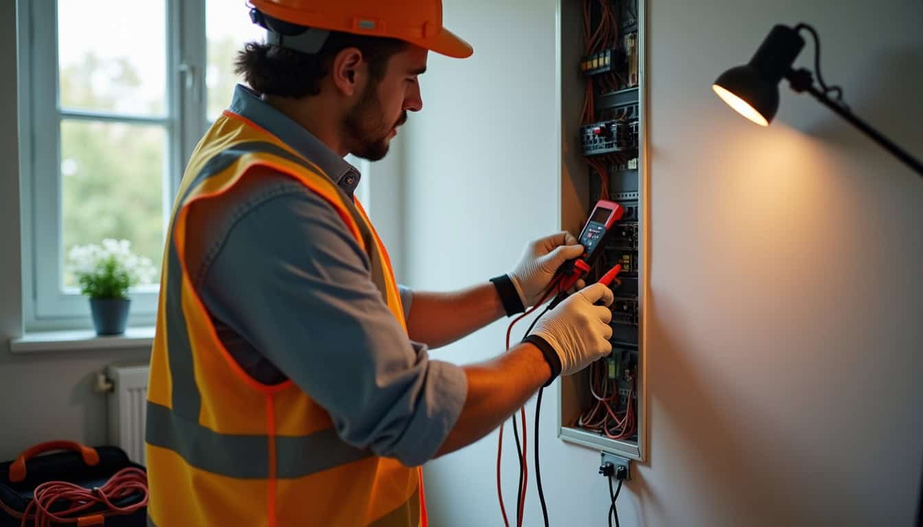 Électricien en train de réaliser un audit électrique dans une maison avant l’installation d’une borne de recharge