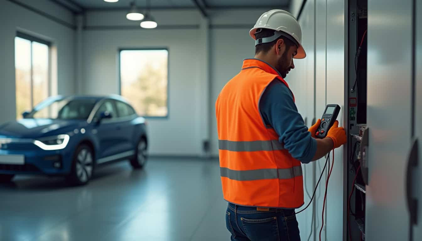Électricien en train de réaliser un diagnostic électrique avant l