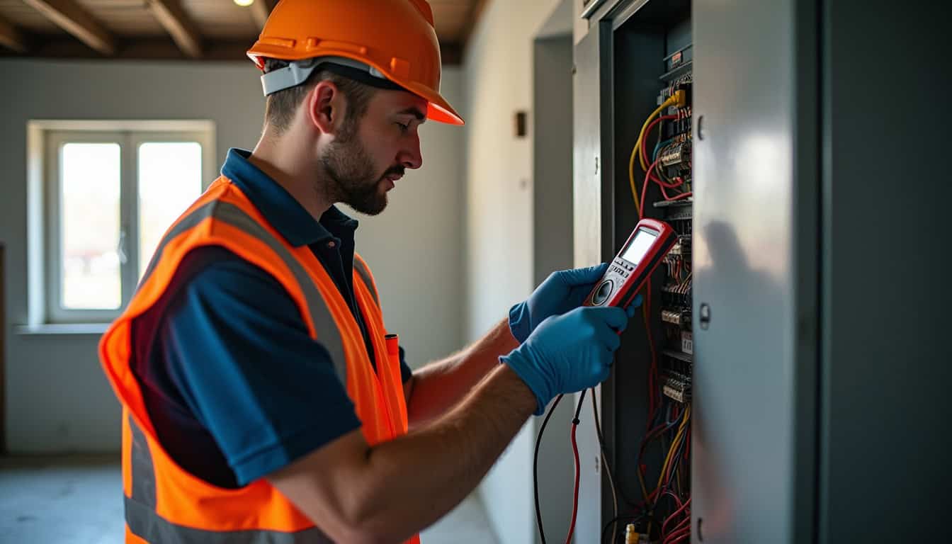 Électricien en train de réaliser un diagnostic électrique pour l'installation d'une borne de recharge à Rodelle