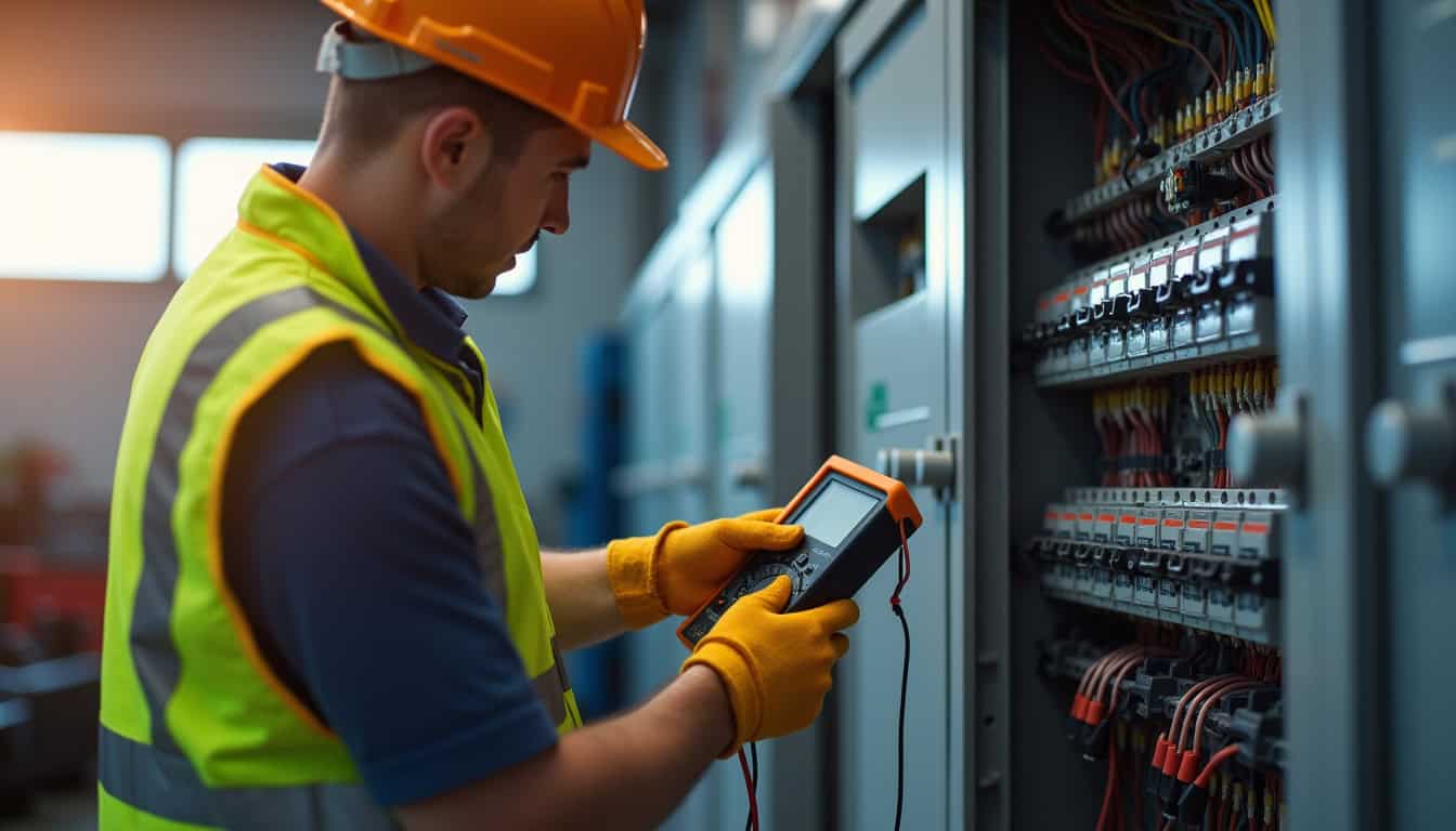 Électricien en train de tester un tableau électrique avant installation d'une borne
