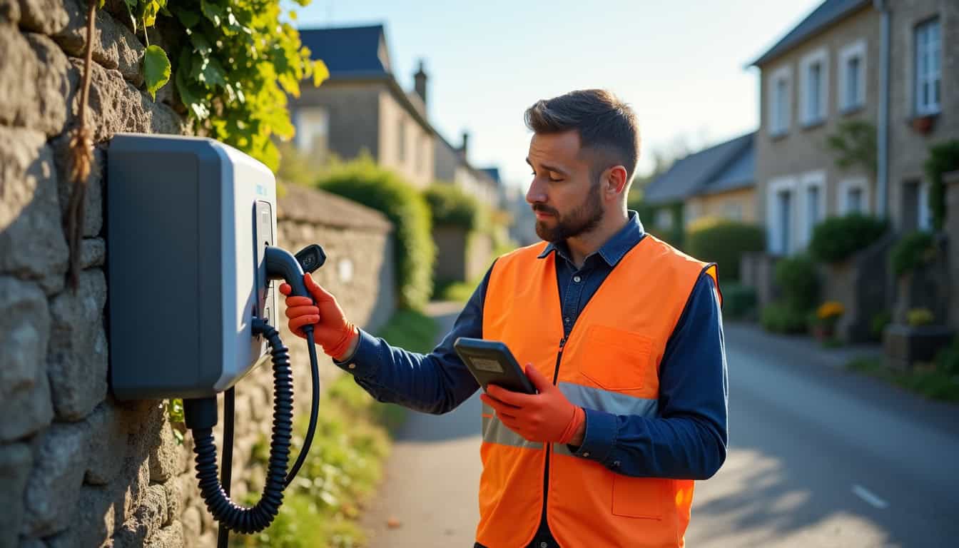 Électricien en train de tester une borne de recharge à Saint-Broladre