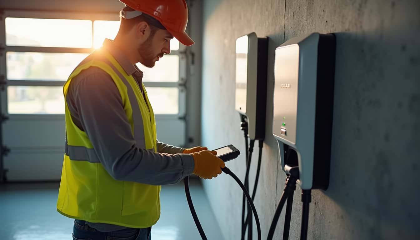 Électricien en train de tester une borne de recharge électrique nouvellement installée dans un garage à Évenos