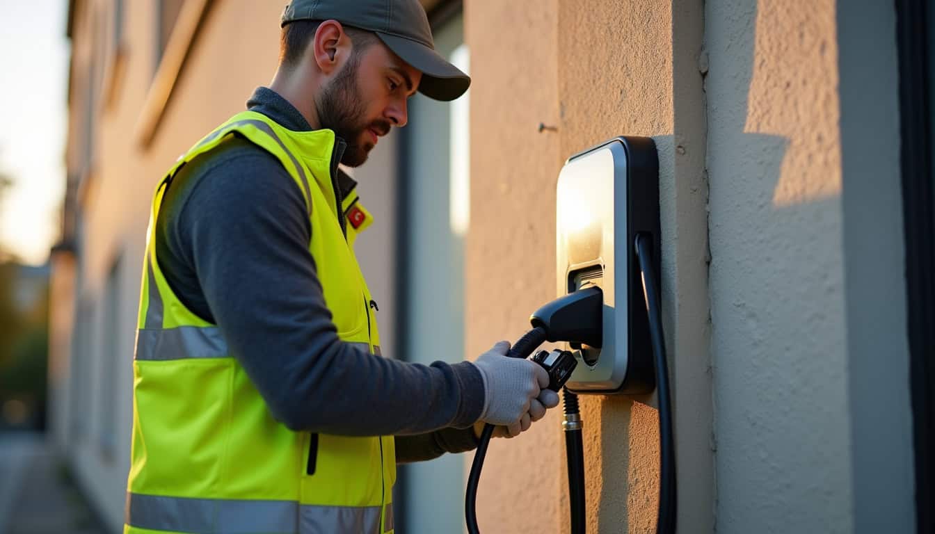 Électricien en train de tester une borne de recharge murale à La Chaussée-d