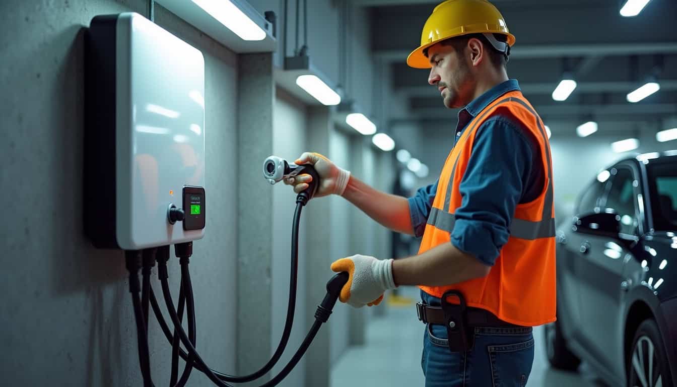 Électricien en train de tester une borne de recharge nouvellement installée dans un garage à Landrecies