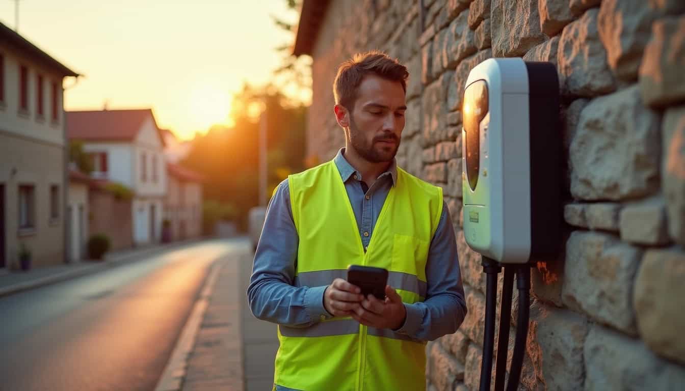 Électricien en train de tester une borne de recharge nouvellement installée