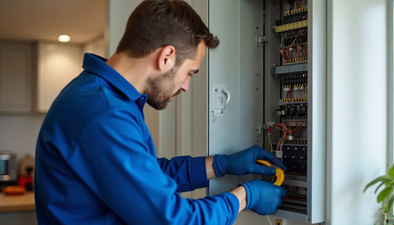 Électricien en train de travailler sur un tableau électrique pour une mise aux normes