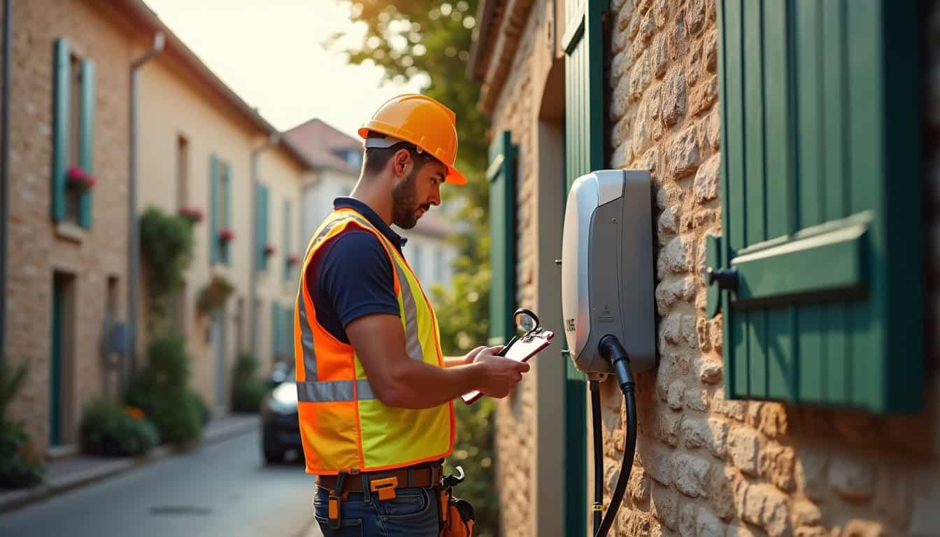 Électricien en train de vérifier la certification d'une borne électrique IRVE