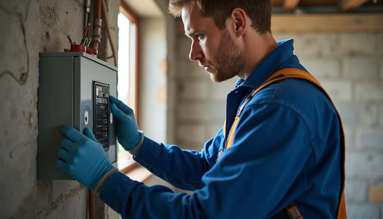 Électricien en train de vérifier le tableau électrique lors d'une visite technique à Artas