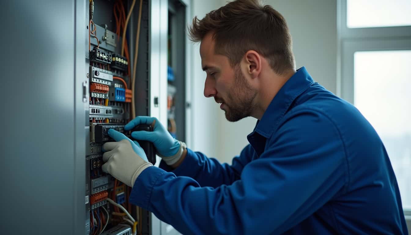 Électricien en train de vérifier les connexions sur un tableau électrique avant installation de borne