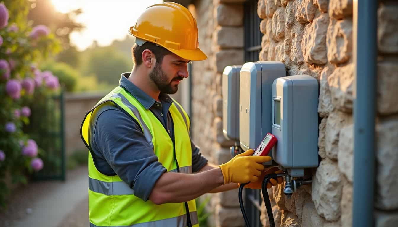 Électricien en train de vérifier un compteur électrique avant installation d'une borne de recharge