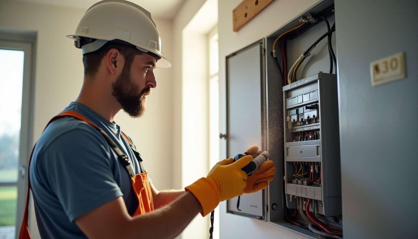 Électricien en train de vérifier un tableau électrique à Plougonvelin