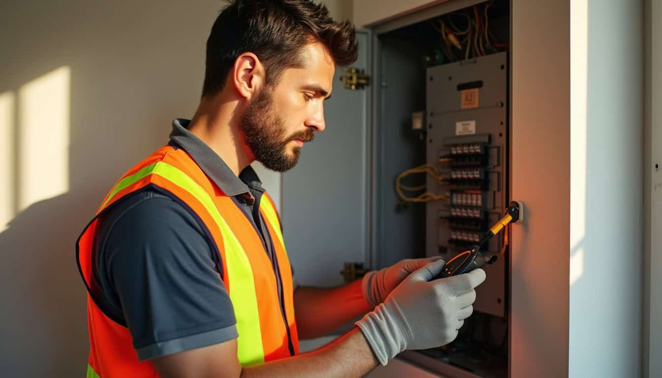 Électricien en train de vérifier un tableau électrique avant installation d