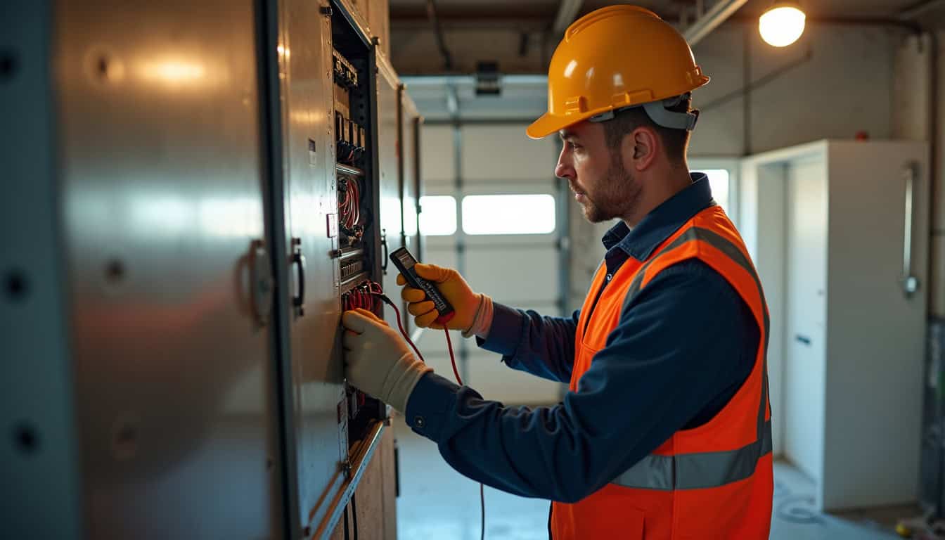 Électricien en train de vérifier un tableau électrique avant installation d'une borne de recharge