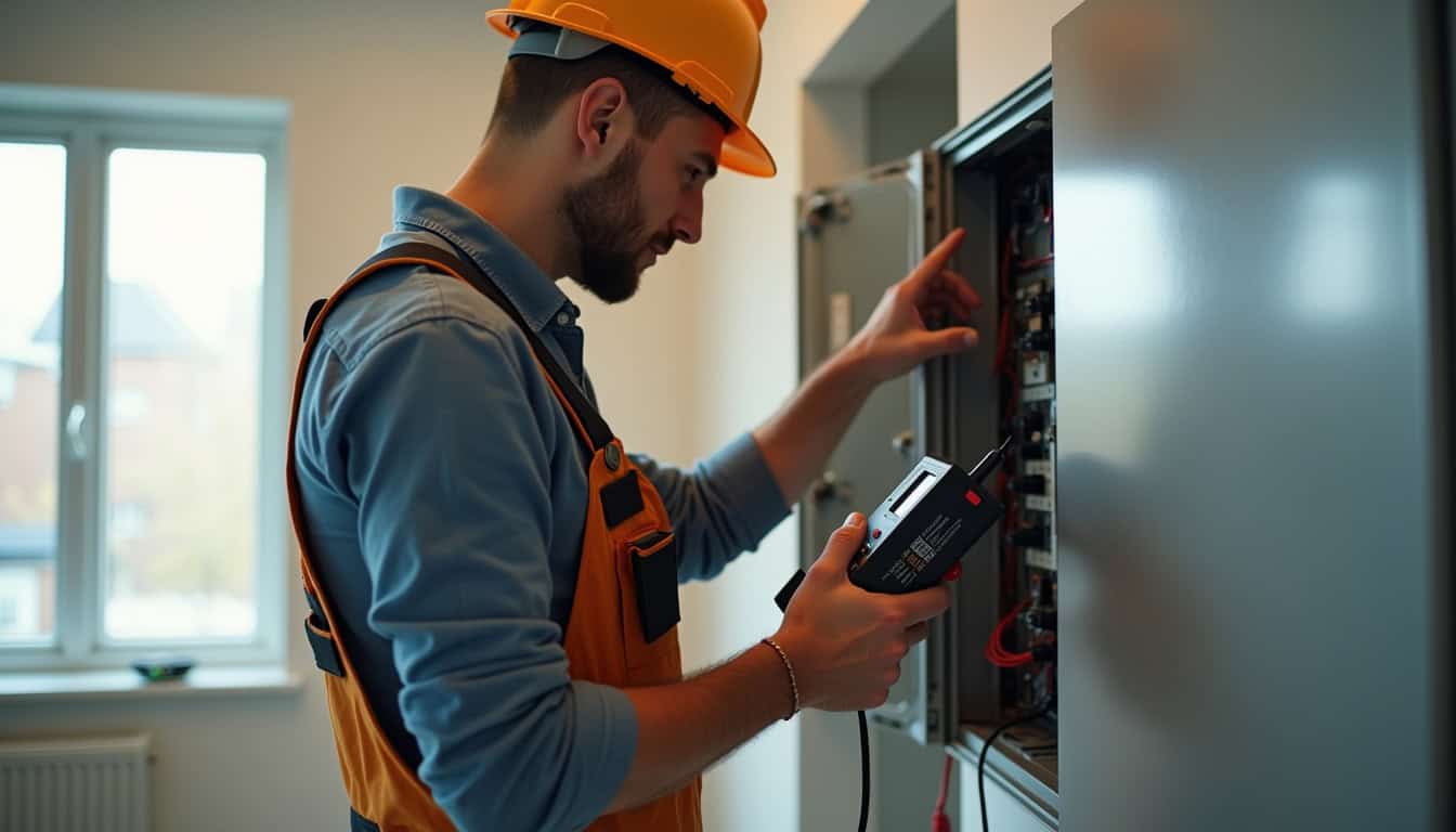 Électricien en train de vérifier un tableau électrique avant installation d'une borne