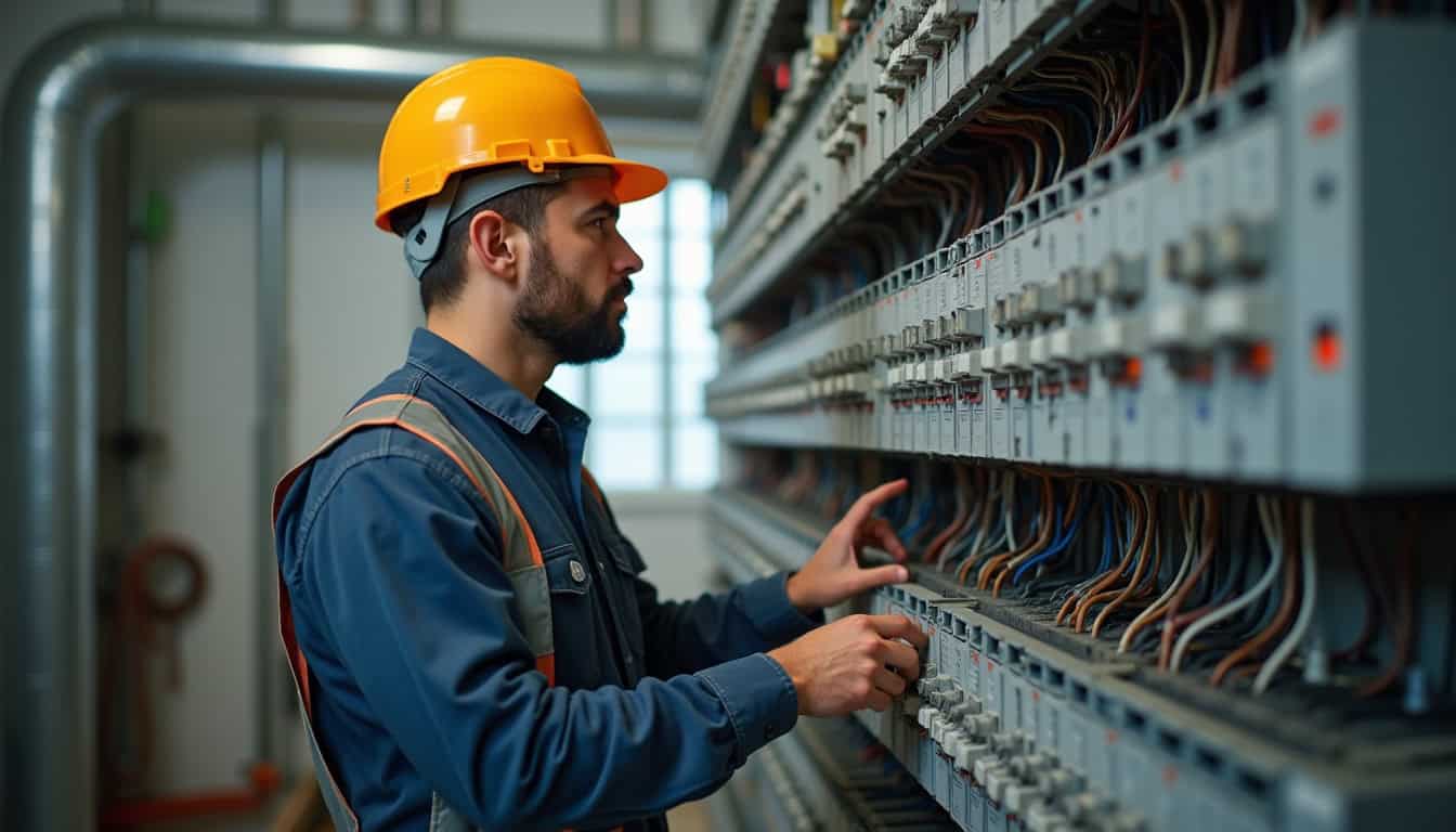 Électricien en train de vérifier un tableau électrique avant l