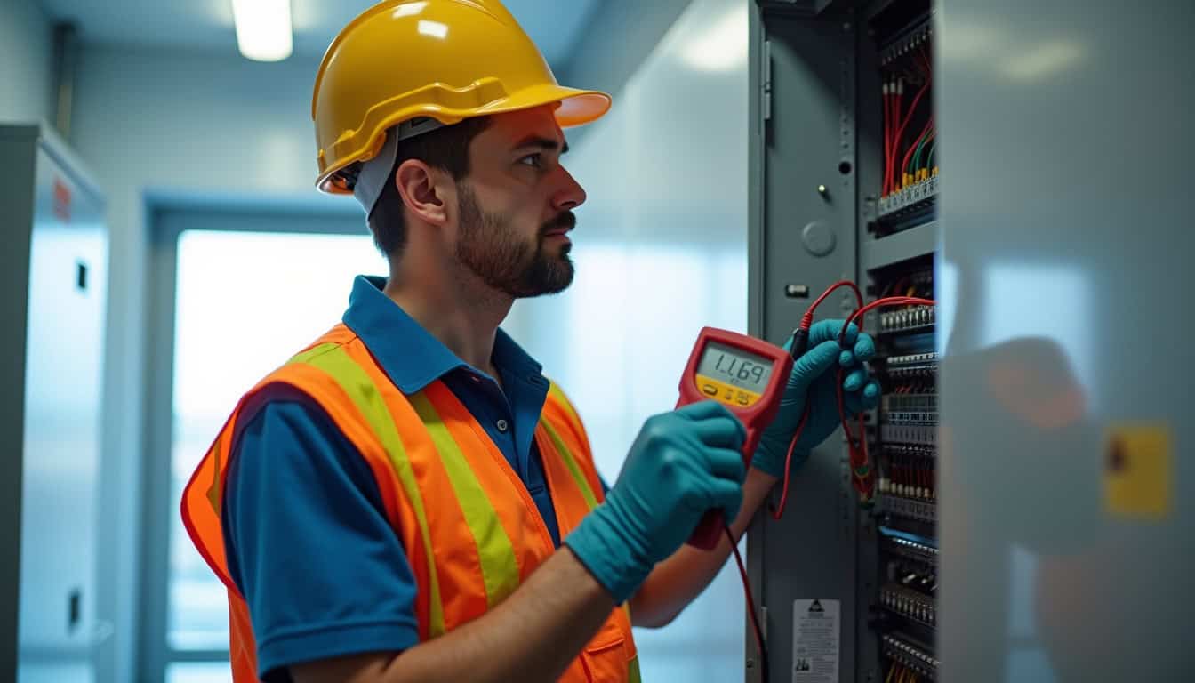 Électricien en train de vérifier un tableau électrique lors d