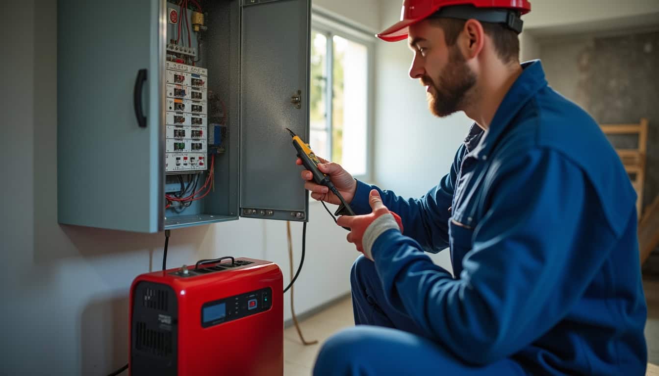 Électricien en train de vérifier un tableau électrique pour l'installation d'une borne de recharge à Buros