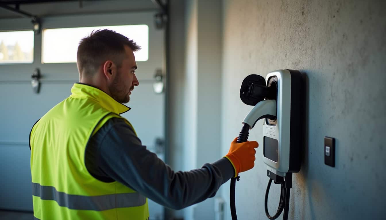 Électricien en train de vérifier une borne de recharge électrique installée