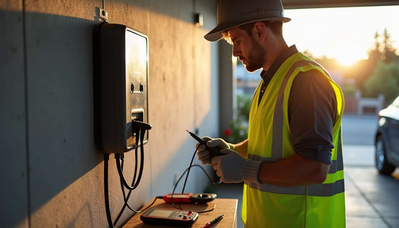 Électricien en train de vérifier une borne de recharge murale avant mise en service