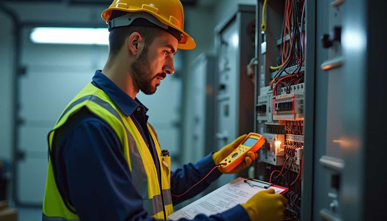 Électricien en train d'effectuer un audit électrique avant installation d'une borne de recharge