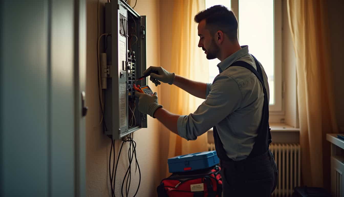Électricien en train d'évaluer le tableau électrique d'une maison à Saint-Loubès