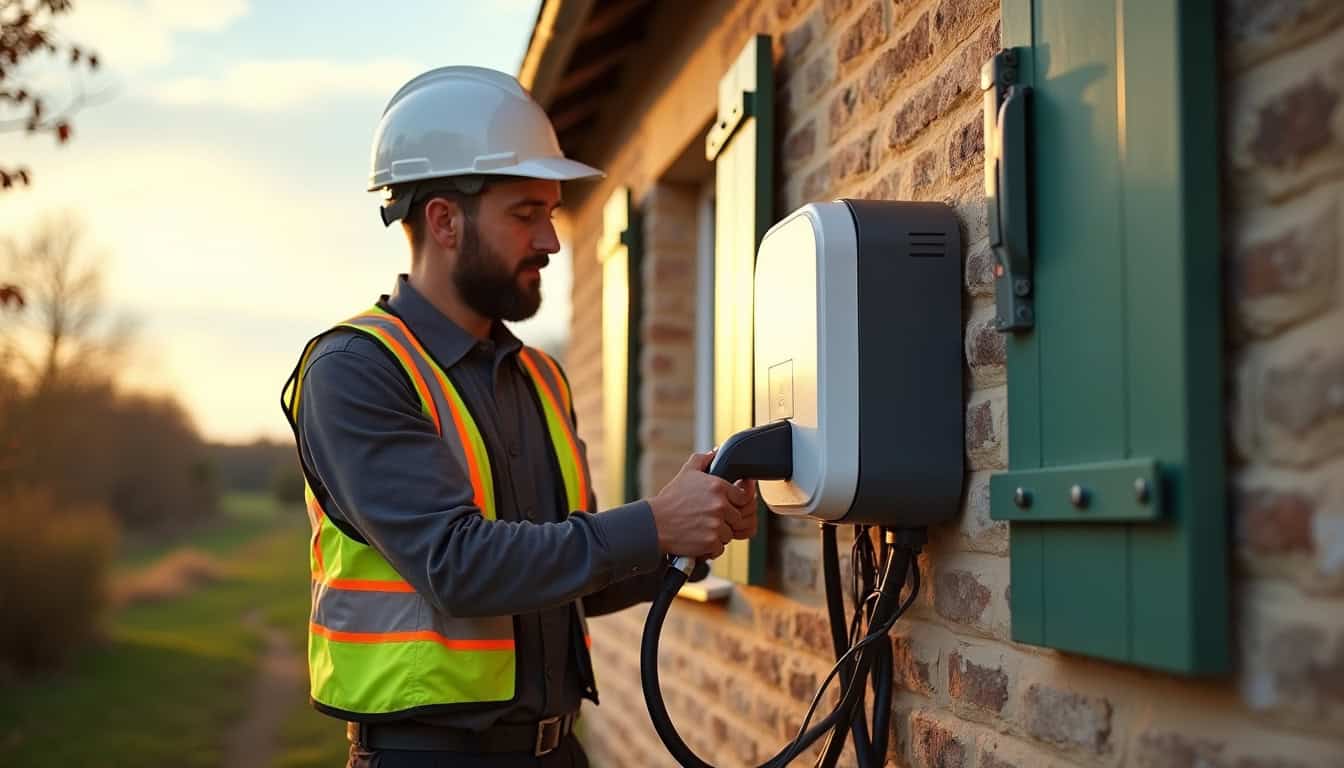 Électricien en train d’installer une borne de recharge à Bacqueville-en-Caux