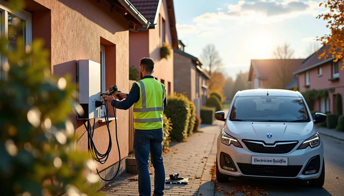 Électricien en train d’installer une borne de recharge à Bouzy-la-Forêt