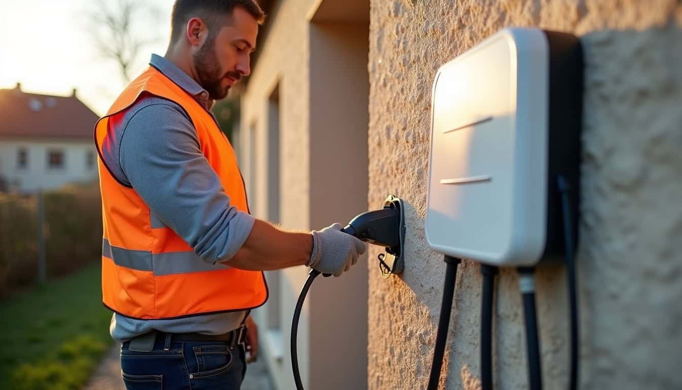 Électricien en train d’installer une borne de recharge à Chambois