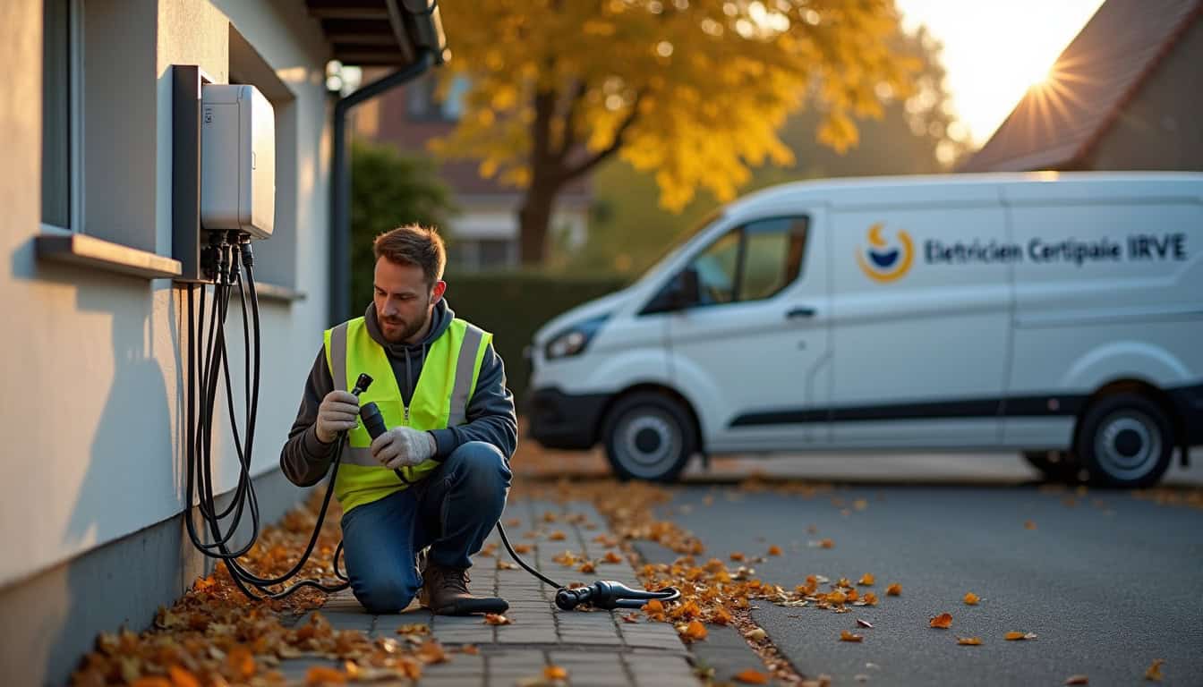 Électricien en train d'installer une borne de recharge à Fegersheim