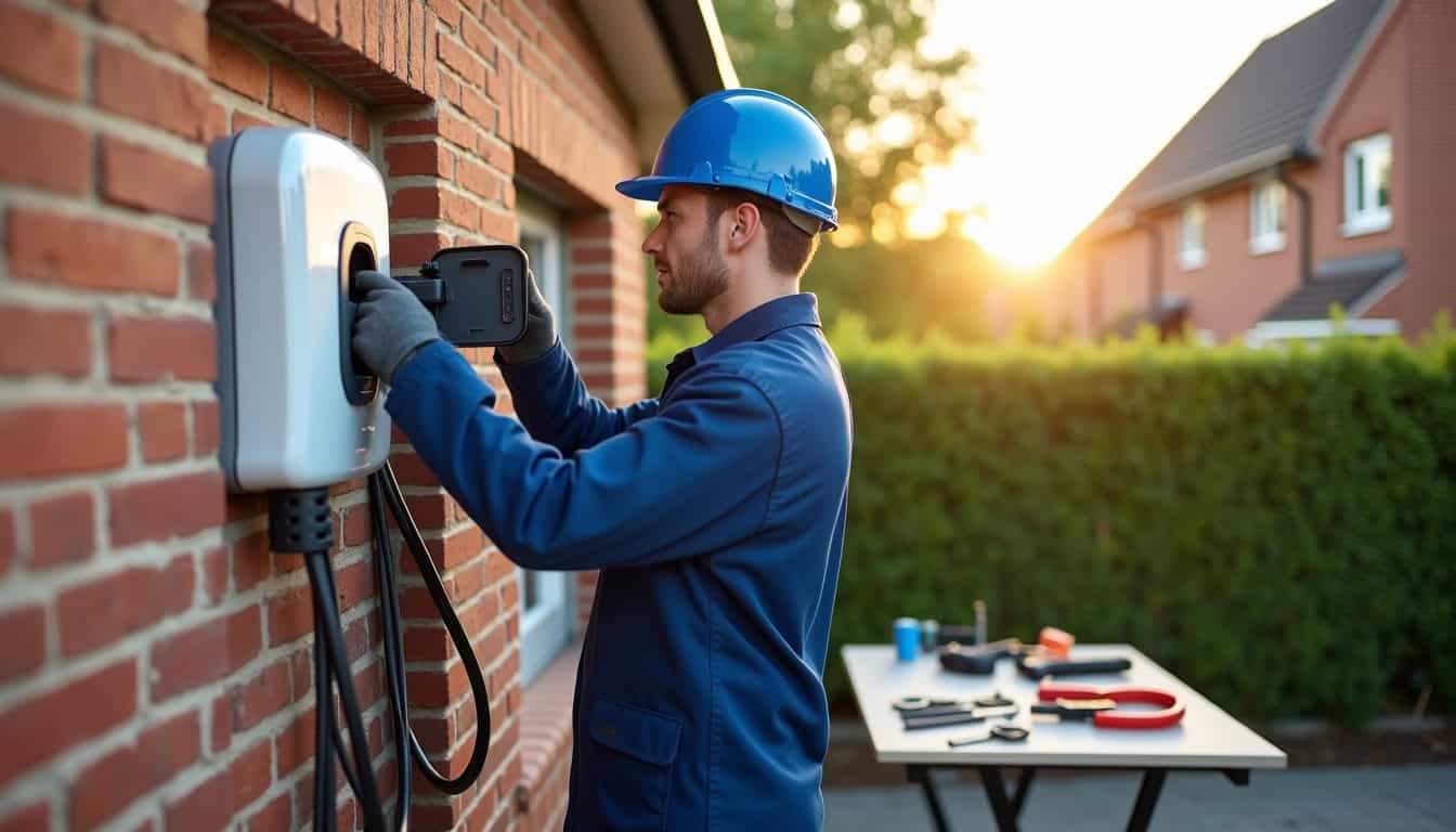 Électricien en train d'installer une borne de recharge à Lanrodec