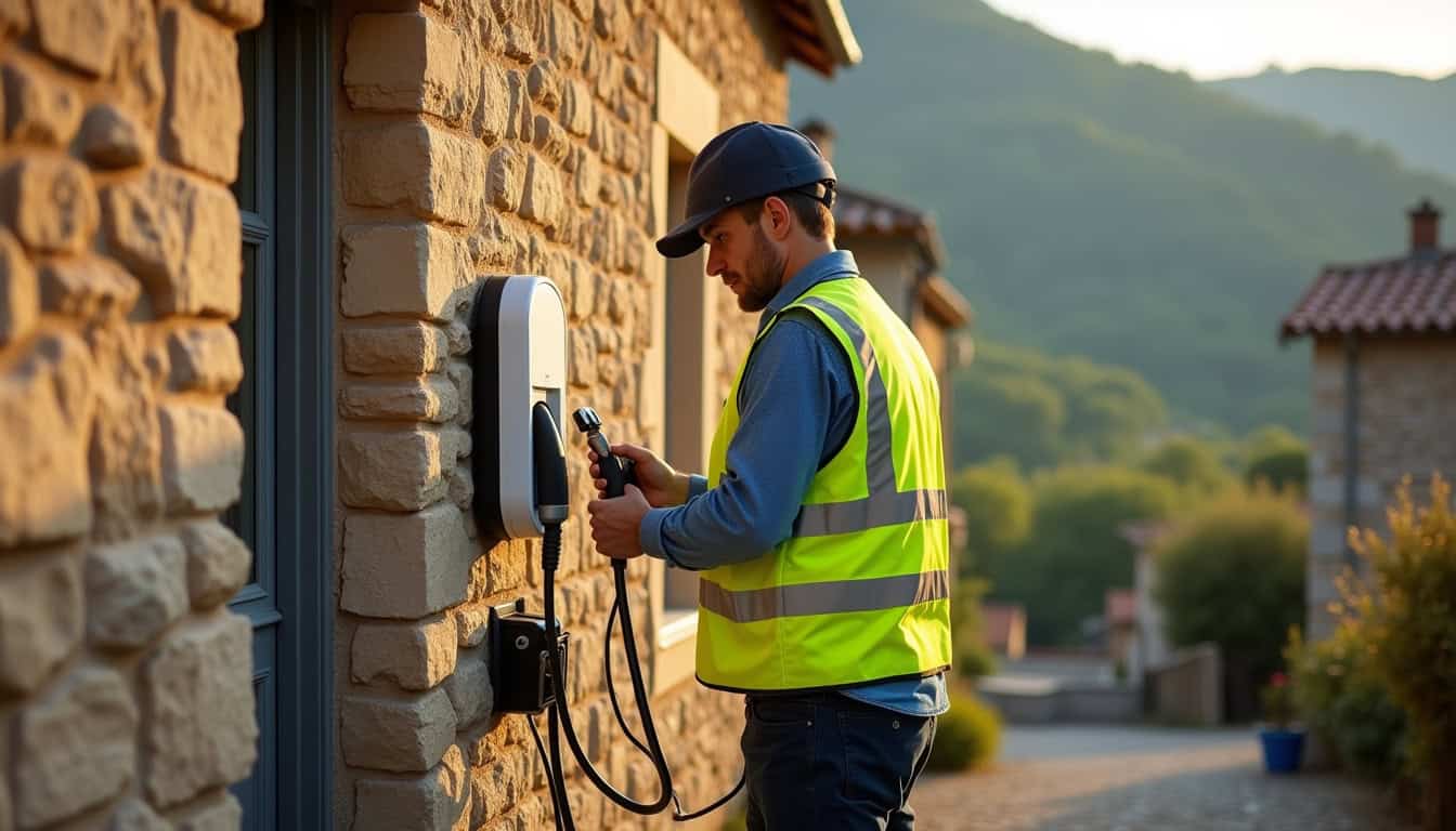 Électricien en train d'installer une borne de recharge à Les Martres-de-Veyre