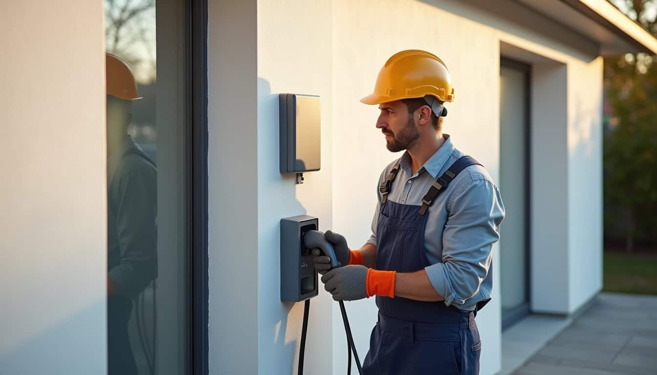 Électricien en train d'installer une borne de recharge à Marigny-le-Châtel