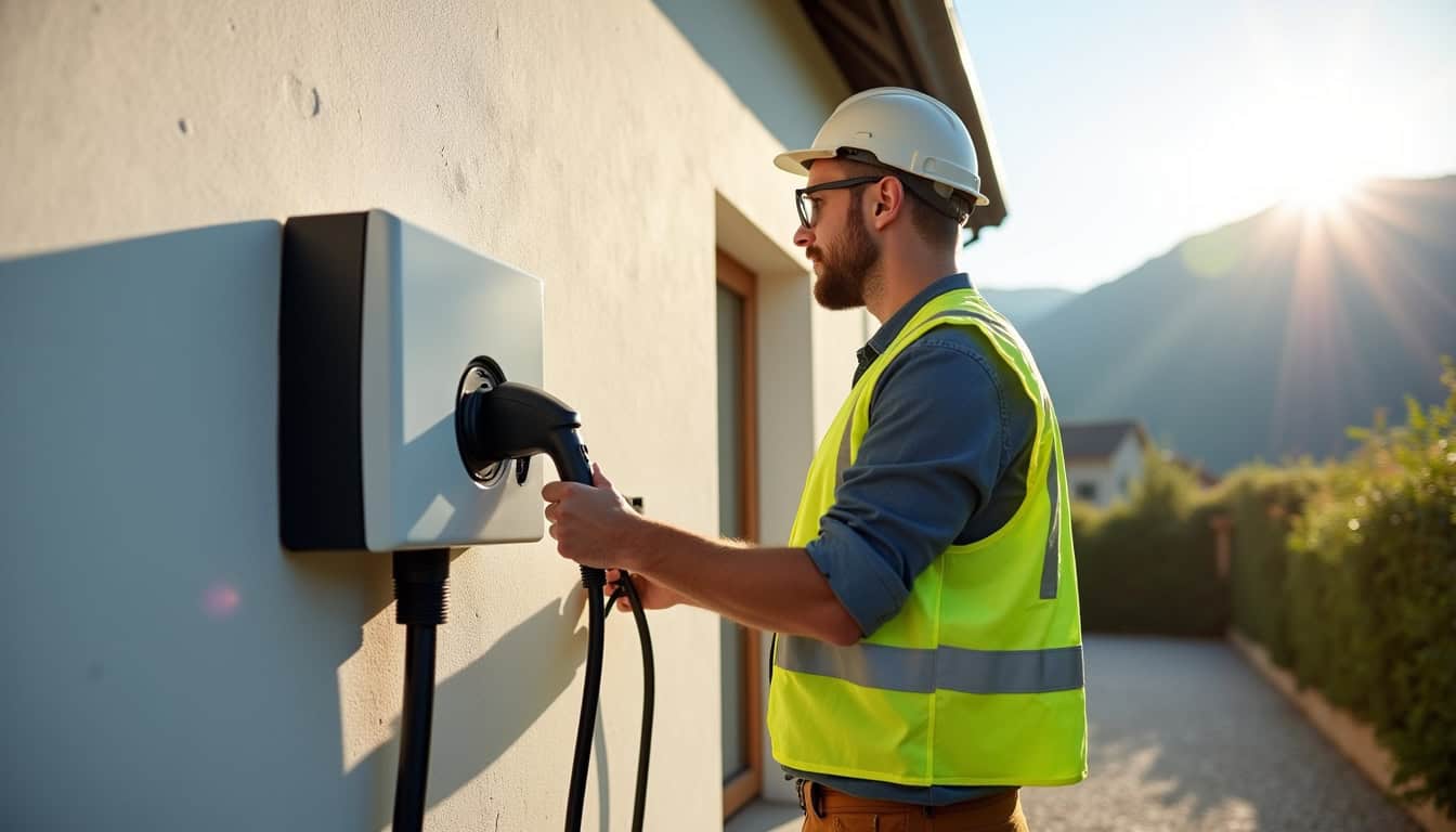 Électricien en train d'installer une borne de recharge à Mercurol-Veaunes