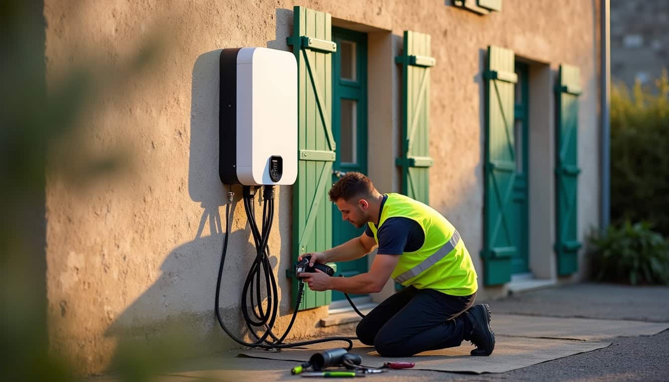 Électricien en train d'installer une borne de recharge à Montreuil-sur-Mer